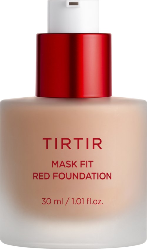 Eine Flasche Tirtir Mask Fit Red Foundation, 30 ml, mit weißem Pumpmechanismus und rotem Deckel.