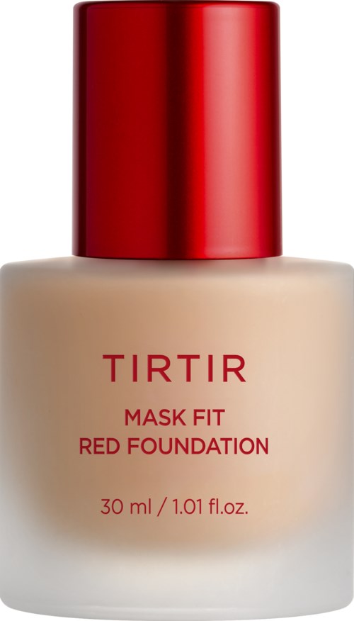 Flaska med TIRTIR Red Foundation med rött lock och minimalistisk röd text på vit bakgrund.