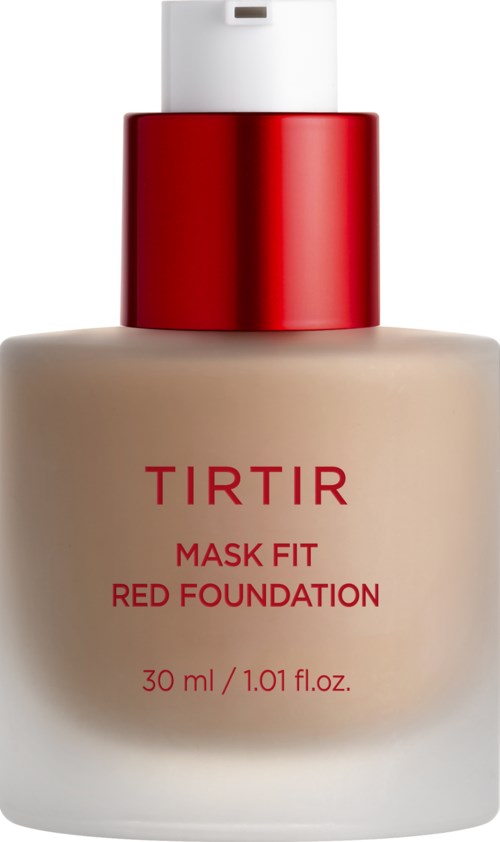 Eine Flasche TIRTIR Mask Fit Red Foundation mit rotem Deckel, cremefarbige Flüssigkeit im Inneren und Text auf der Vorderseite.
