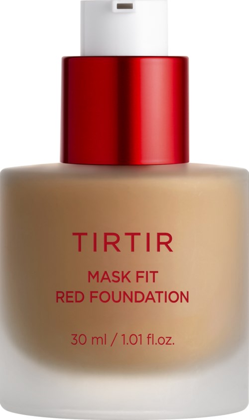 Eine Flasche TIRTIR Mask Fit Red Foundation mit rotem Deckel, beige Flüssigkeit und klarer Beschriftung.