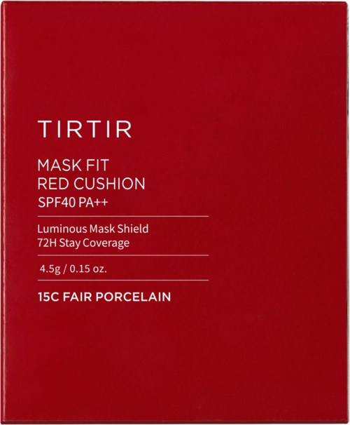 Röd låda med vit text om en maskprodukt, inklusive SPF, täckning och märkesinformation.