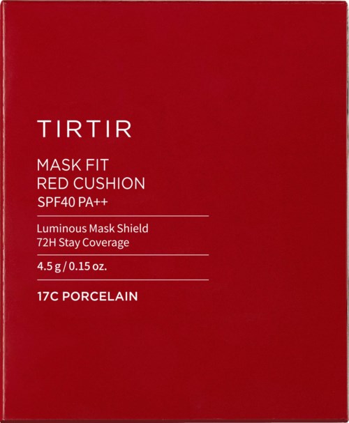 Rood verpakt met witte tekst voor een maskerproduct, vermeldt SPF 40 PA++, 72 uur dekking en porselein tint.