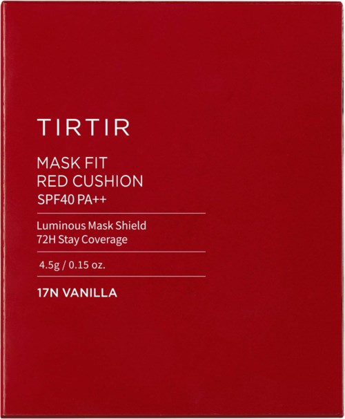 Rood doos met witte tekst over TIRTIR masker, foundation en zonnebrandcrème details.