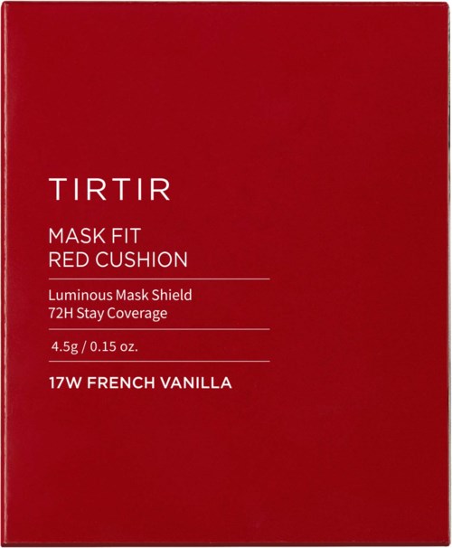 Rood doos met witte tekst, beschrijft een maskervoorbeeld genaamd TIRTIR Red Cushion, Franse Vanille geur, 72 uur dekking.