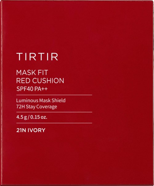 Röd box med vit text som beskriver en maskprodukt, märket TIRTIR, med SPF- och täckningsdetaljer.