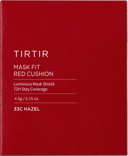Punainen laatikko, jossa on valkoinen teksti, kuvaa TIRTIR Mask Fit Red Cushion -tuotteen tiedot.