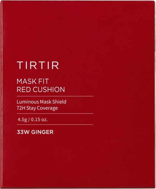 Een rode doos met witte tekst, beschrijft een maskervoorwerp genaamd TIRTIR Red Cushion, met details over dekking en ingrediënten.