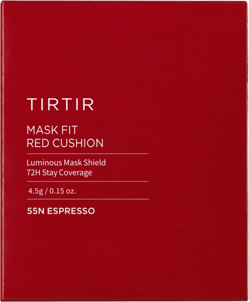 Rood doos met witte tekst over gezichtsmasker, blijft de hele dag zitten, bevat 4,5g en heet 55N Espresso.