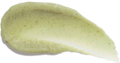 Grüne Hautpflegecreme oder Maske mit kleinen braunen Peeling-Partikeln, shaped like a spoon.