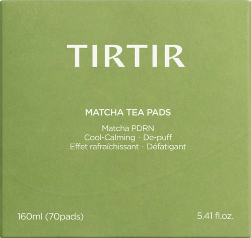 Grønn eske med Tirtir Matcha Tea Pads, 160 ml, 70 pads, med produktnavn, beskrivelse og størrelse i tekst.