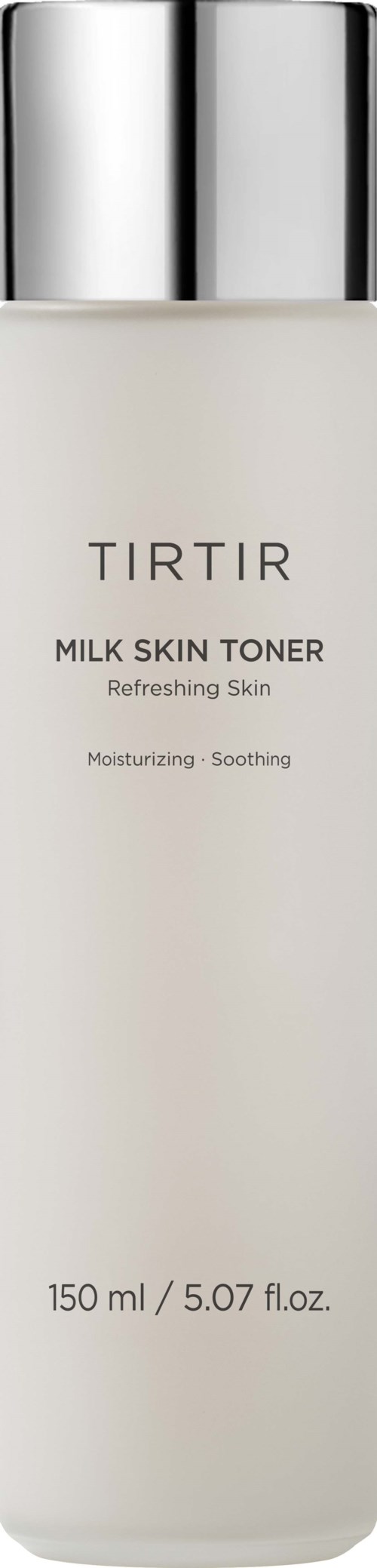 Pitkä valkoinen pullo hopeisella korkilla, merkattu 'TIRTIR Milk Skin Toner' kosteuttava ja rauhoittava iho.