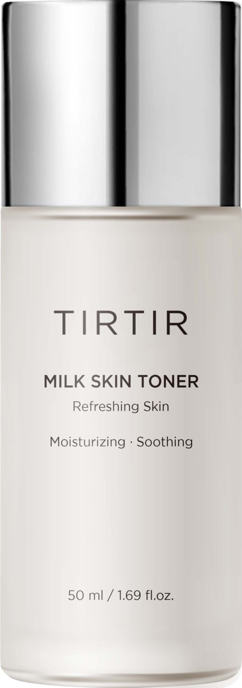 Valkoinen pullo, jossa on hopeinen korkki ja merkintä TIRTIR Milk Skin Toner, korostaa kosteutusta ja rauhoitusta.
