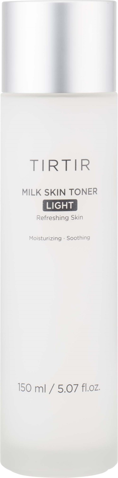 Eine weiße zylindrische Flasche mit silberner Schraubkappe, beschriftet TIRTIR Milk Skin Toner Light zur Hautbefeuchtung.