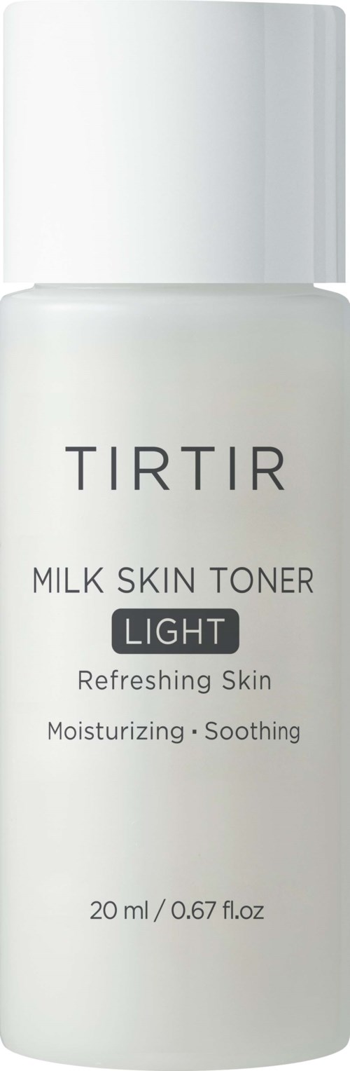 Valkoinen pullo TIRTIR Milk Skin Toner, merkattu kevyeksi, kosteuttavaksi ja rauhoittavaksi ihoksi.