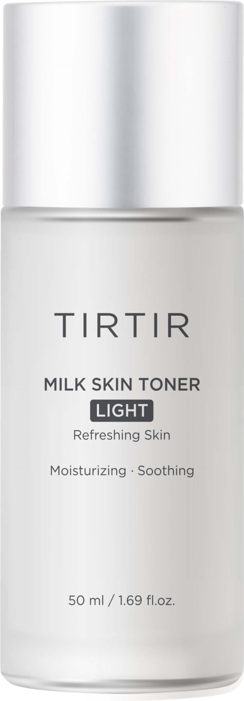 Valkoinen pullo merkitty TIRTIR Milk Skin Toner Light kosteuttava ja rauhoittava iho.