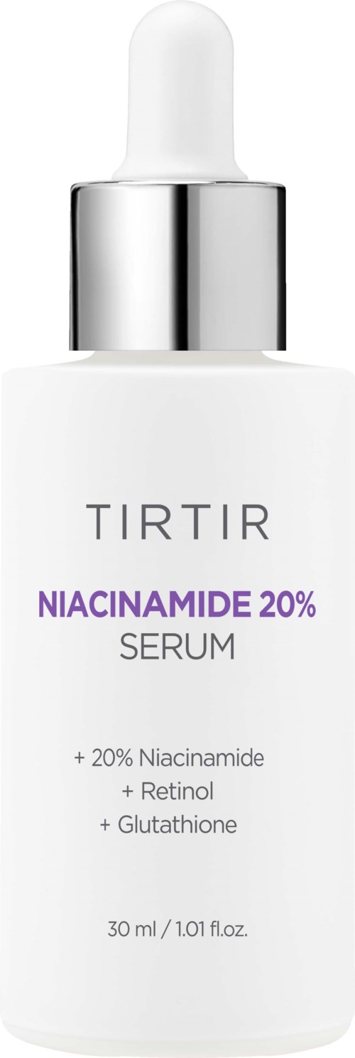 Valkoinen seerumipullo pipetillä, merkinnällä TIRTIR Niacinamide 20% Serum, sisältää ainesosia kuten Retinol ja Glutathione.