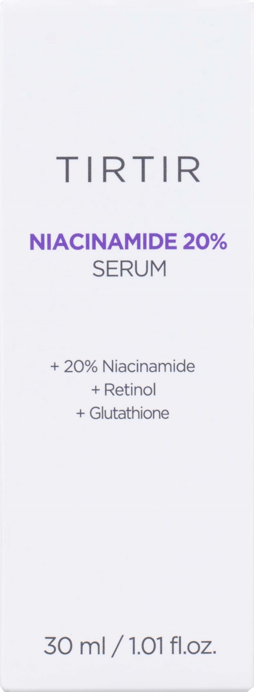Ihonhoitoseerumin etiketti, sisältää: Niacinamide 20%, Retinol, Glutathione. Koko: 30 ml.