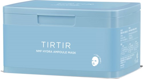 Ein lichtblauer Behälter für eine Hautpflegemaske mit dem Markennamen TIRTIR und Beschreibung NMK Hydra Ampoule Mask.