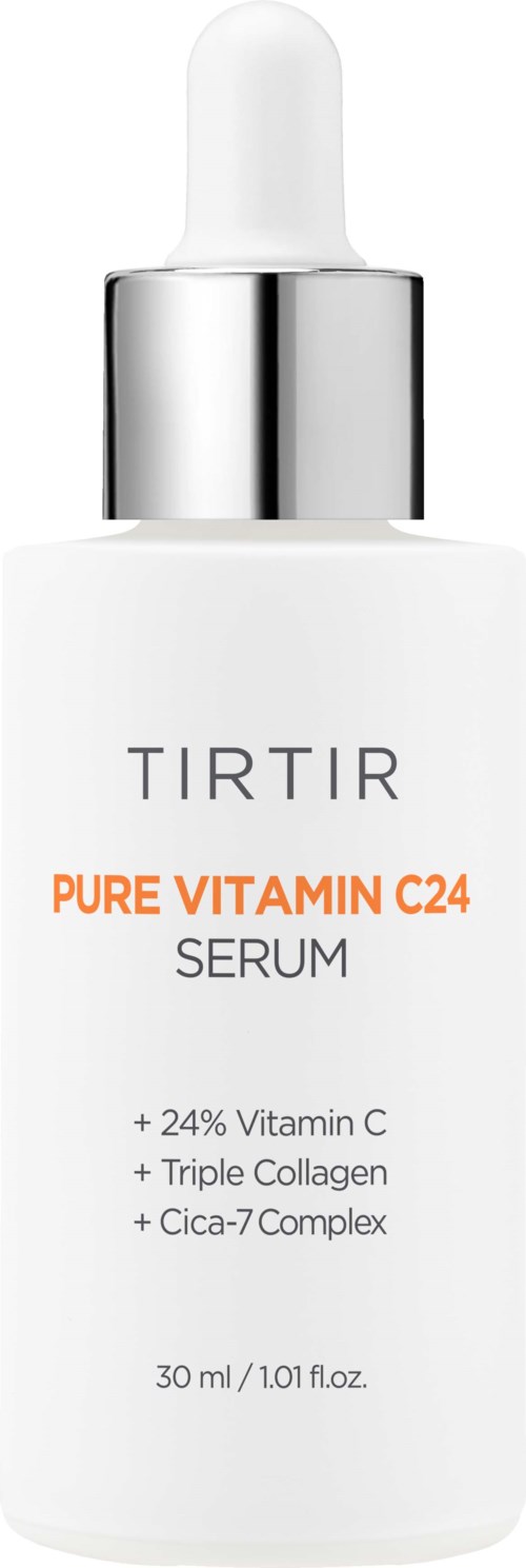A white serum bottle with a dropper, labeled Tirtir Pure Vitamin C24, contains vitamin C, collagen, and Cica-Complex.