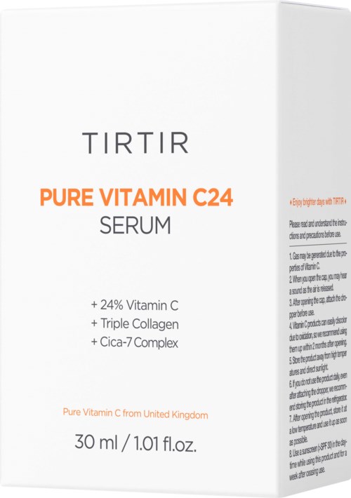 A white box shows TIR TIR Pure Vitamin C24 Serum with ingredients like Vitamin C, Collagen, and Cica-7. Engineered for skin health.
