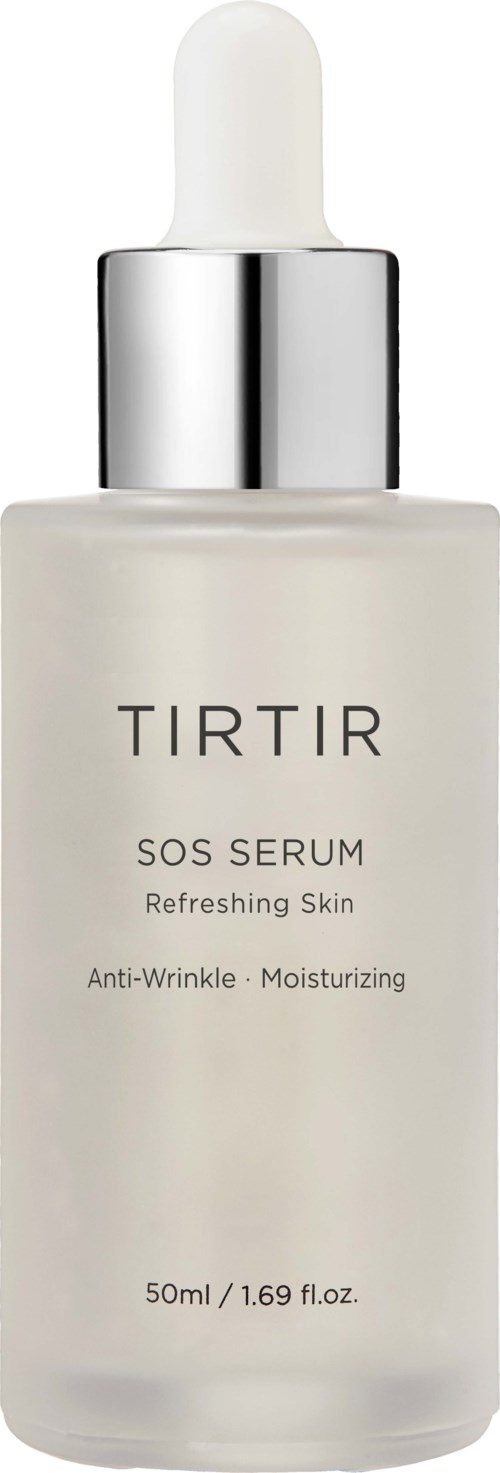 En vit flaska med droppkrage, märkt 'TIRTIR SOS SERUM,' för hudvård för att fräscha upp och minska rynkor.