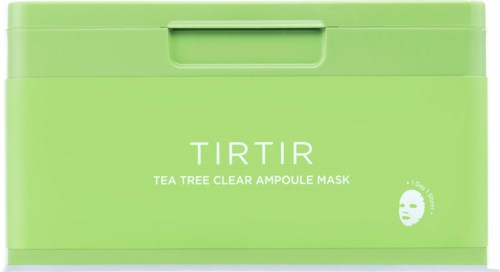 Groene doos met productnaam TIRTIR, thee boom heldere ampulémasker, en een klein gezichtsmasker-icoon.