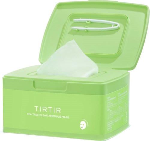 Groene container met TIRTIR Tea Tree Clear Ampoule Mask en een doek voor het gezicht. Kleine borstel ook inbegrepen.