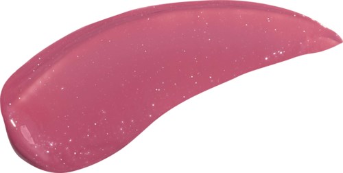 Een roze gel of slijm met glanzende stippen, in een gebogen, langwerpige vorm.