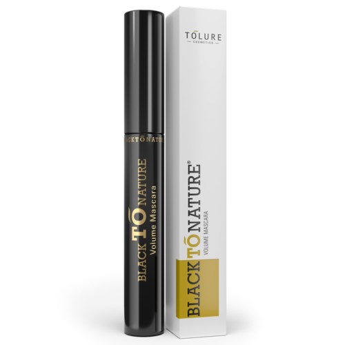 Ripsiväritölakki ja sen valkoinen laatikko, jossa on mustaa ja kultaisia tekstejä, merkinnältä "Black Fó" ja "Volume Mascara."