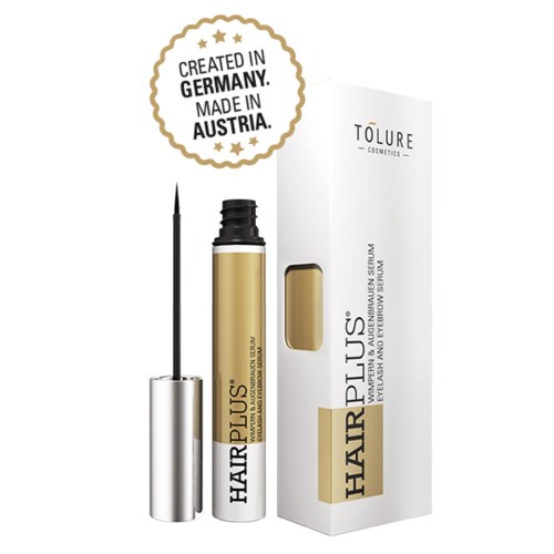 Guldfärgad serumflaska med svart applikator och vit förpackning bredvid. Förpackningen säger 'Hair Plus' och 'Tolure Cosmetics.'