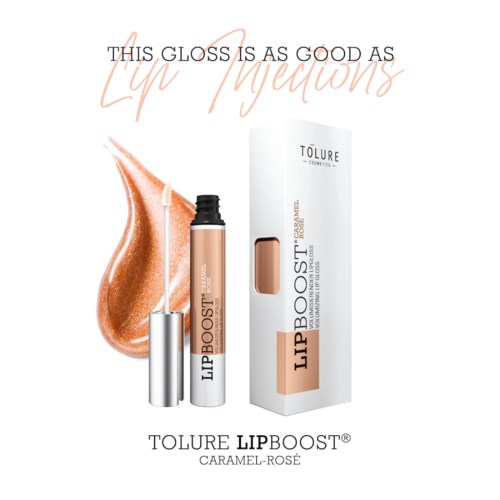 Läppglans i tub, med en persikofärgad vätska och förpackning, märkt Tollure LipBoost Caramel-Rose.