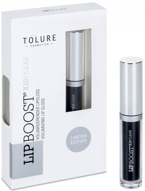 Leppeglansemballasje med hvit og sølv design, begrenset utgave, og merkenavn Tolure Cosmetics.