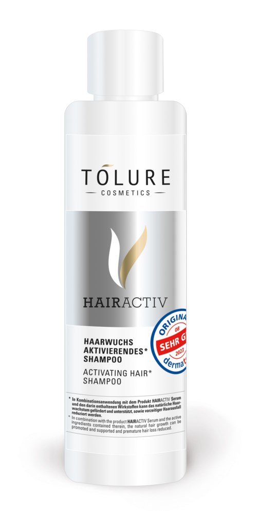 A white bottle of shampoo labeled TOLURE HAIRACTIV for activating and strengthening hair.