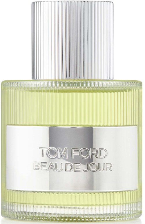 A perfume bottle with a clear top, light green and silver colors, and the label 'Tom Ford Beau De Jour.'