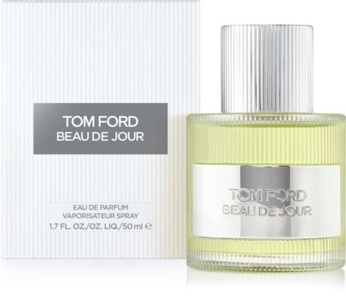 Tom Ford Beau De Jour perfume bottle with a matching box, in light green and silver colors.