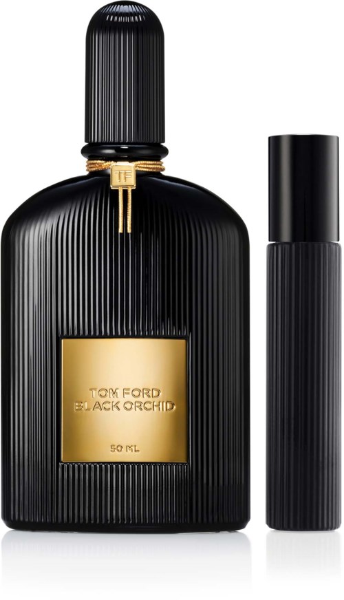 A black perfume bottle with vertical ridges, a gold label, and a matching smaller spray container.