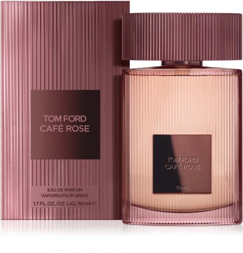 Eine rosa Parfüdose mit passender Box, Beschriftung 'Tom Ford Café Rose.' Mit geripptem Deckel und modernem Design.