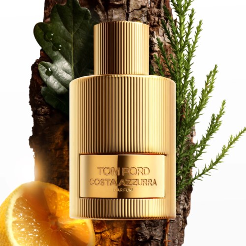 Gold-colored perfume bottle on a tree trunk with green leaves, orange slice, and pine needle decorations.