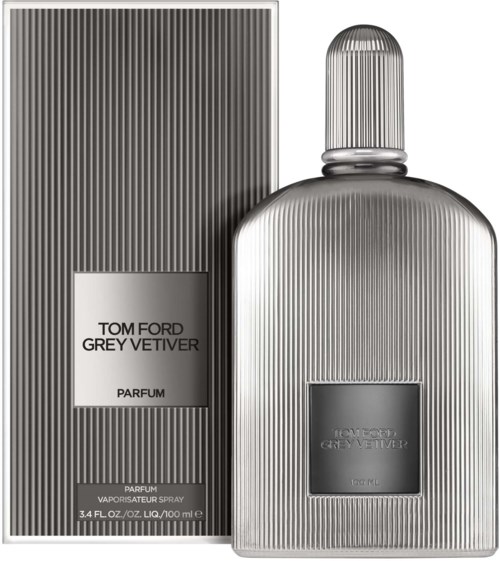 Harmaa hajuvesipullo ja laatikko, molemmissa pystysuuntaiset viivat, merkintä Tom Ford Grey Vetiver, 100 ml.