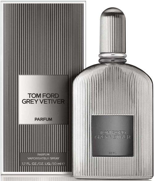 Parfyymipullo ja laatikko, joissa pystysuoria viivoja, nimeltä 'Tom Ford Grey Vetiver,' mustavalkoiset.
