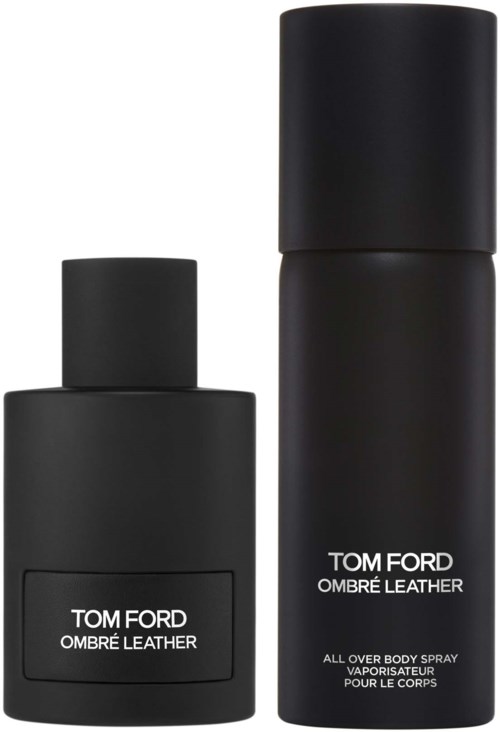 Dwie czarne butelki Tom Ford: jedna krótka, szeroka z nakrętką, druga wysoka i wąska, obie oznaczone 'Ombre Leather.'