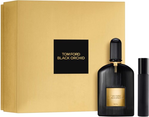 Perfumy Tom Ford Black Orchid w czarnej butelce z złotą etykietą, obok złote pudełko.