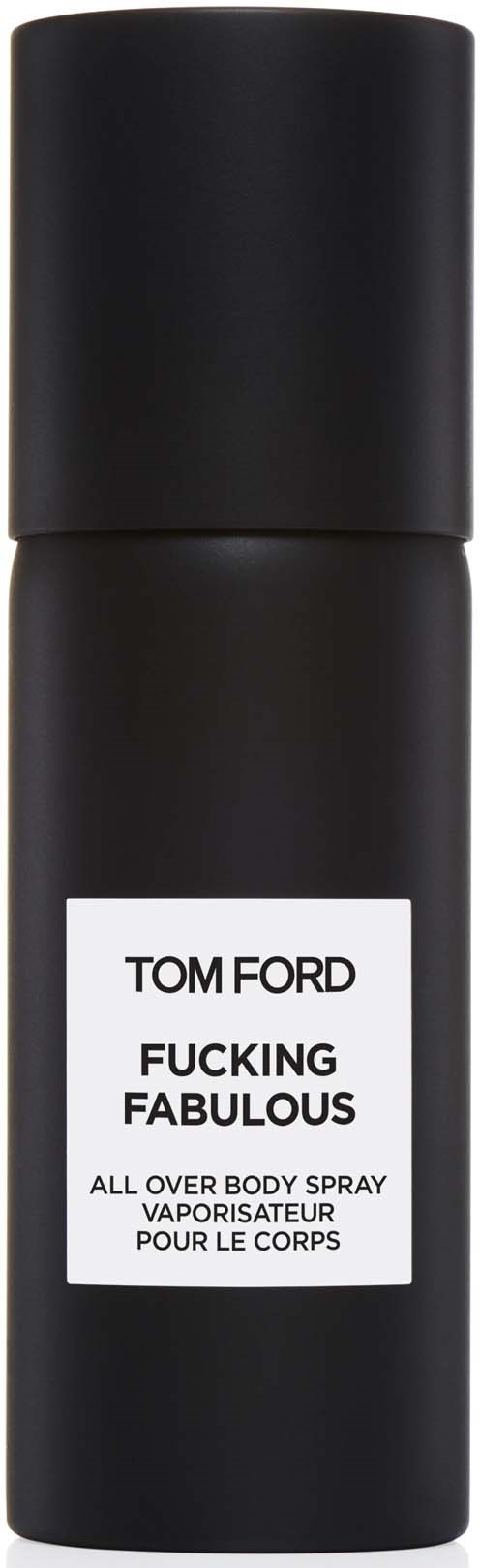 En svart kroppssprayflaske med en etikett som sier "TOM FORD FUCKING FABULOUS."