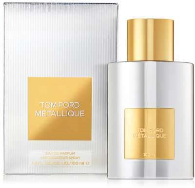 En silverlåda och flaska med guldkork, märkt Tom Ford Metallique, doftspray, 100 ml.