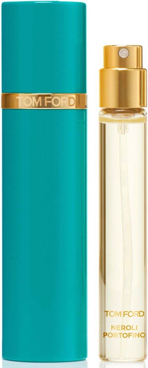 En parfyllåda med turkos fodral och gulddetaljer, märkt Tom Ford Neroli Portofino.