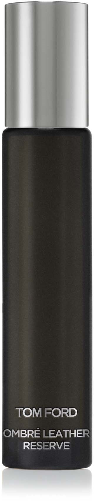 A tall, black cylindrical bottle with a silver cap, labeled Tom Ford Ombre Leather Reserve.