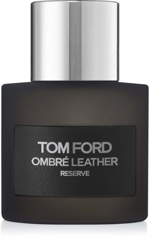 A black Tom Ford Ombré Leather Reserve perfume bottle with a silver cap.