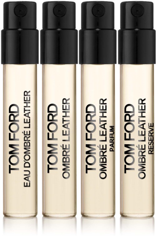 Fire flasker av Tom Ford Ombre Leather-parfyme med svarte lokk og etiketter som beskriver dufttyper.
