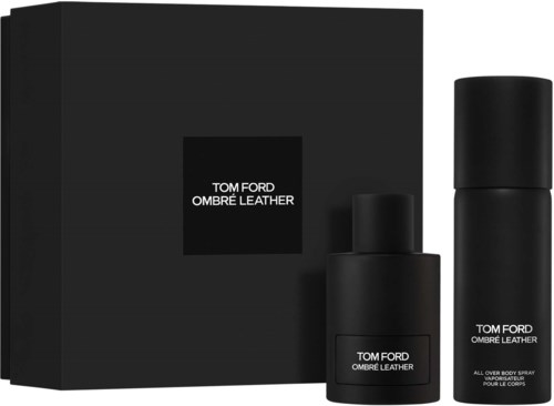 Zestaw prezentowy z perfumem Tom Ford Ombre Leather i sprayem do ciała w czarnym opakowaniu.