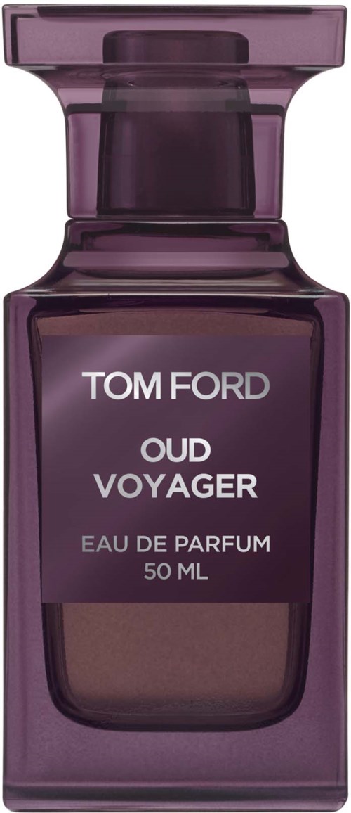 En mørk lilla parfymeflaske med rektangulær form og matching kork, merket Tom Ford Oud Voyager Eau de Parfum.